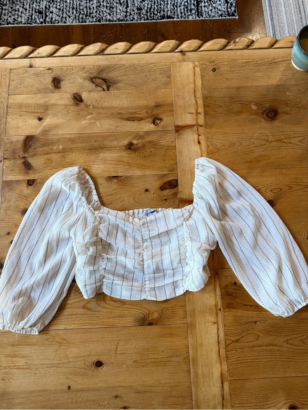 Striped White Puff-Sleeve Cropped Blouse